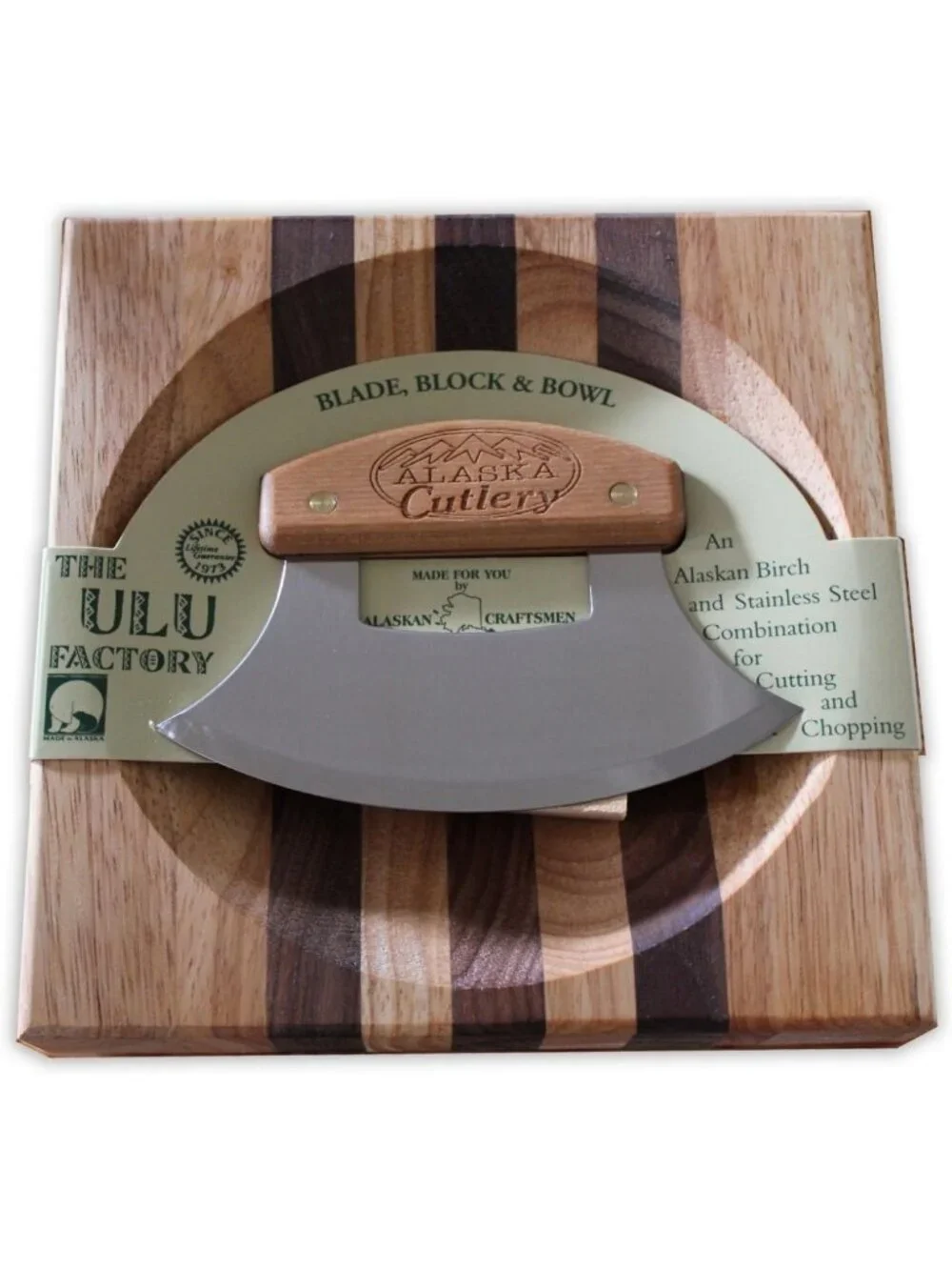 Curved Ulu Knife Set with Wood Handle & Chopping Board - Handmade in Alaska